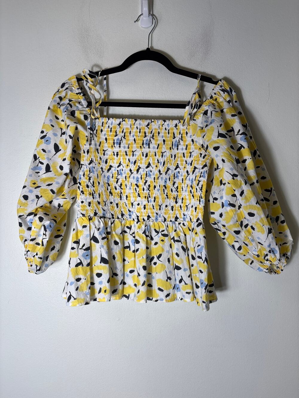 Tayna Taylor Yellow Smocked 3/4 Puff Sleeve Peplum Top Sz S
